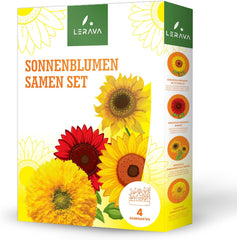 LERAVA® Sonnenblumen Samen Set (4 sortes) - Riesige gelbe & rote Sonnenblume - Zwerg et Sungold Teddy - Premium Sonnenblumensamen für Garten und Balkon - Blumenamen Geschenk für Hobbygärtner