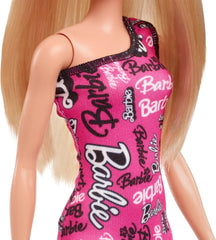 Poupée Barbie Fashion aux cheveux blonds raides en robe extensible rose à une épaule et chaussures avec logo imprimé HRH07 Naty Shop Dolls