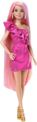 Barbie Totally Hair - Poupée avec cheveux arc-en-ciel extra longs faciles à coiffer et 10 accessoires de mode et de coiffure, robe à pois color block, pour 3 ans et plus, HKT96