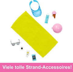 Barbie Ken - Poupée blonde avec chemise bleue et tablier de bain, accessoires de plage et ballon de plage pour un jeu créatif, à partir de 3 ans, HPL74