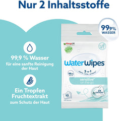 Lingettes humides WaterWipes Sensitive+ On The Go, 100 lingettes (paquet de 10), 3 en 1 nettoie, soigne, protège, 99,9 % d'eau, lingettes sans parfum