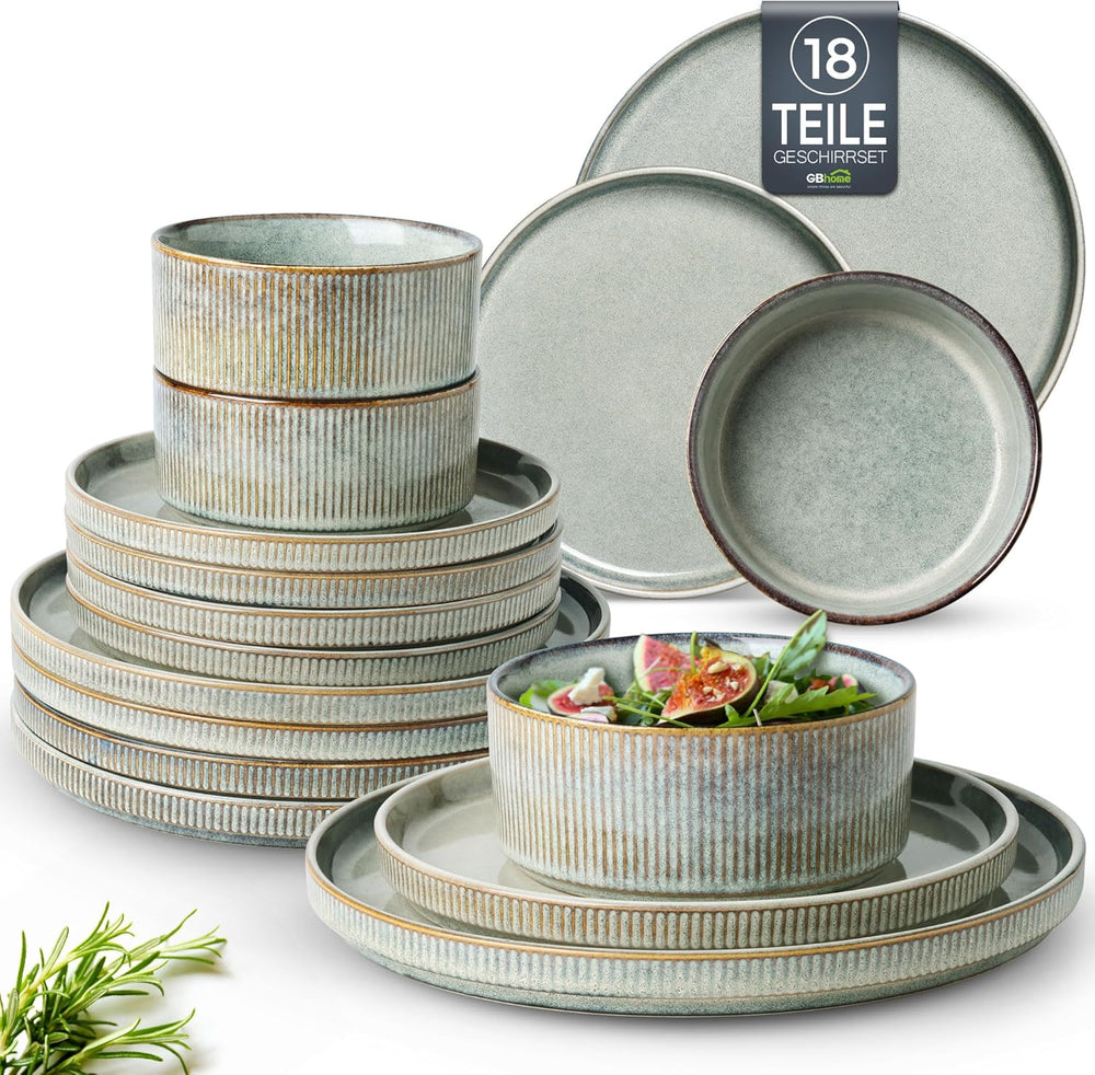 GBhome Service de Vaisselle en Céramique pour 6 Personnes 18 Pièces Service de Vaisselle en Porcelaine Fait Main à Glaçage Réactif Passe au Micro-Ondes et au Lave-Vaisselle Ensemble de Bols et Assiettes