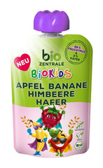 biocentral BioKids Purée de fruits Pomme Banane Framboise Avoine | 12x90g | Snack fruité sans sucre ajouté | Végétalien