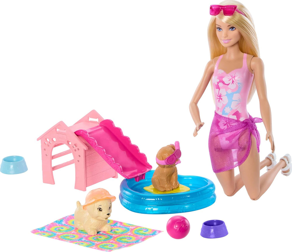 Barbie Puppy Pool Party Playset avec poupée tendance, niche pour chien et toboggan, piscine en forme de cœur, 2 figurines de chien, 6 accessoires et changeur de couleur, JBF35