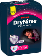 Couches de nuit super absorbantes Huggies DryNites pour filles de 3 à 4 ans (12 à 21 kg), 4 x 16 pièces (64 pièces au total), paquet de culottes mensuel