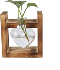 Terariu cu plante cu suport din lemn, vază de masă în formă de inimă, plante hidroponice din sticlă transparentă pentru decorarea grădinii de acasă, decorațiune hidroponică cu flori pentru birou, living, bucătărie (A)