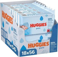 Huggies Pure Baby Wipes 18 Pack (1008 lingettes au total) — 99 % d'eau pure — Sans parfum pour un nettoyage et une protection en douceur Lingettes humides pour bébé Naty Shop