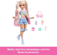 Barbie Dream Besties Puppe und Zubehörteile, bewegliche Barbie Malibu Rollschuh-Modepuppe mit blondem Haar, 9 Teile zum Thema Make-up, JFX96