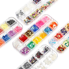 Kit de 10 boîtes de strass pour ongles, accessoires multifonctionnels avec 1 pince à épiler, diamants décoratifs, cristaux, perles, pierres précieuses, colorés, mélangés, yeux de cheval, pierres métalliques, pour décorations DIY Nail Art