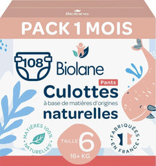BIOLANE - Couche culotte - Taille 6 (16 + kg) - Pas de fuite pendant 12 heures - Forfait 1 mois - 108 Couches - Ecologique Mère et Enfant Naty Shop