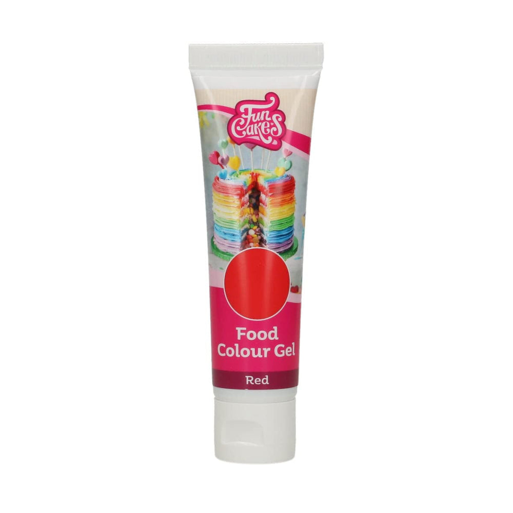Colorant alimentaire Funcakes, gel rouge : Colorant alimentaire très concentré pour pâte, crème, fondant et pâte d'amande. Dosage facile. Une seule goutte pour créer des couleurs vibrantes. Halal. 30g.