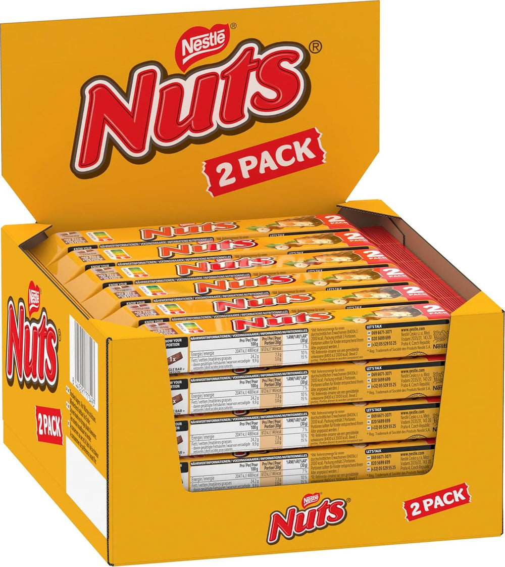 Barres de Chocolat NESTLÉ 2Pack, les classiques aux noisettes entières et caramel enrobés de chocolat au lait, pack de 24 (24 x 2 x 30g)