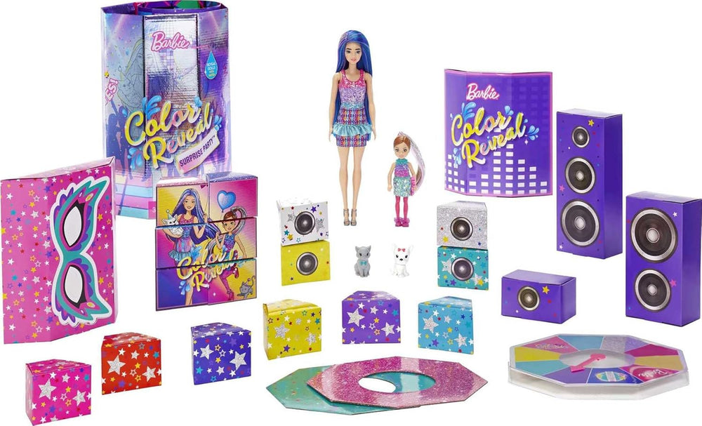 Barbie GXJ88 - Fête surprise de révélation de couleurs, +50 surprises : 1 poupée, 1 poupée Chelsea, 2 animaux, 6 changements de couleur, accessoires et plus encore, ensemble de soirée dansante, cadeau jouet pour enfants de 3 ans et plus