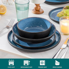 Service de table pour 6 personnes Vancasso PLAYA Service de table en porcelaine 24 pièces pour 6 personnes Bleu comprenant assiettes, assiettes Suma, bols et assiettes à salade Passe au lave-vaisselle et au micro-ondes