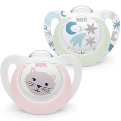 NUK Star Night & Day Sucette pour bébé 0-6 mois Glow In The Dark Silicone Sans BPA Chat Rose Lot de 2
