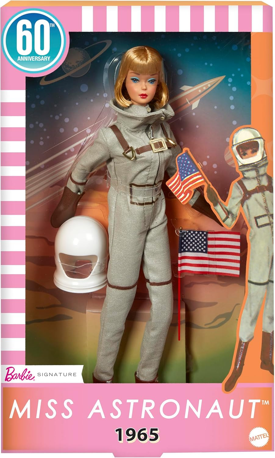 Mattel Barbie Miss Astronaut păpușă de colecție cu costum argintiu, cizme spațiale și accesoriu cască, reproducere vintage a originalului din 1965, JBJ48 Papusi Naty Shop Titlu implicit