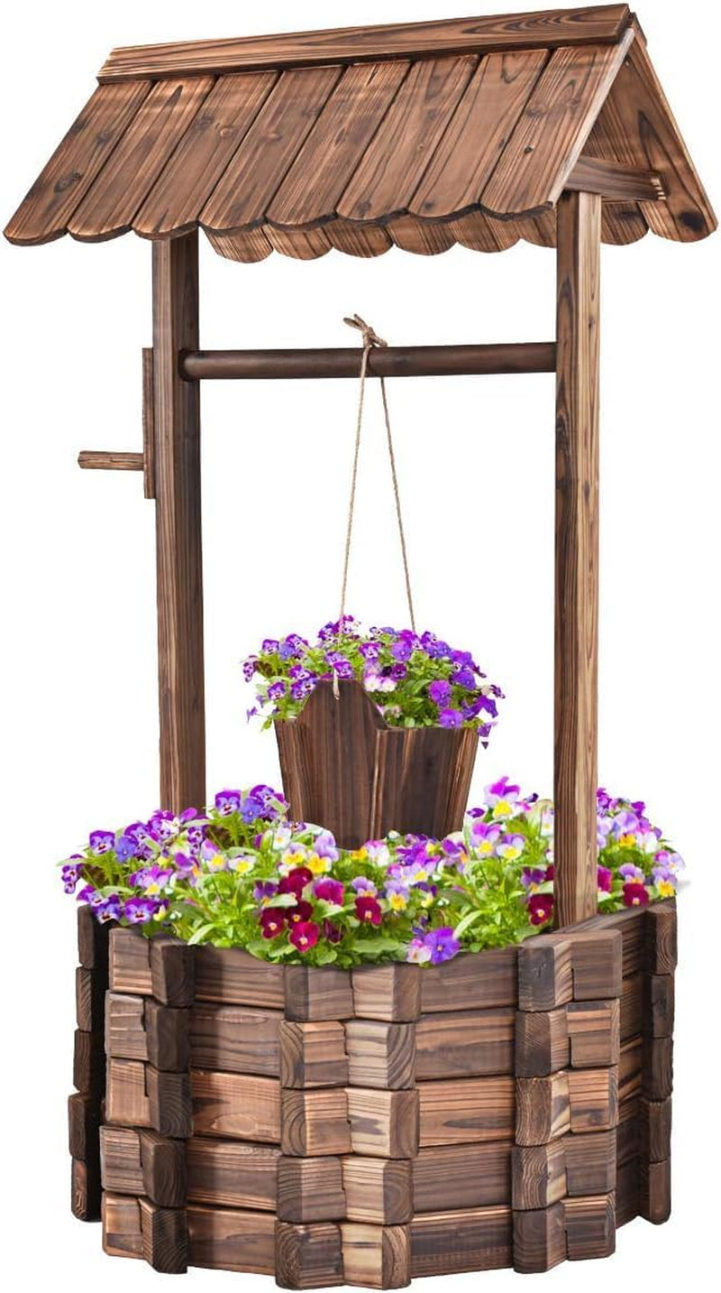 Fontaine en bois 56x56x114cm avec toit, Puits à souhaits, Décoration de jardin, Pots de fleurs, Fontaine décorative, Pots de fleurs, Marron
