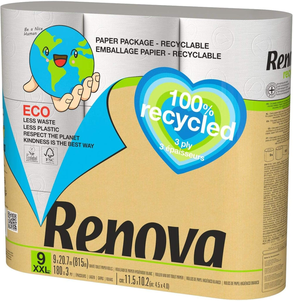 Papier toilette Renova 100% RECYCLÉ 9 rouleaux, blanc, normal