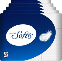 Papier toilette Softis 4 épaisseurs – Lot de 45 rouleaux (5 x 9 paquets simples), 100 feuilles par rouleau, système unique de chambre souple, emballage recyclable, papier certifié FSC