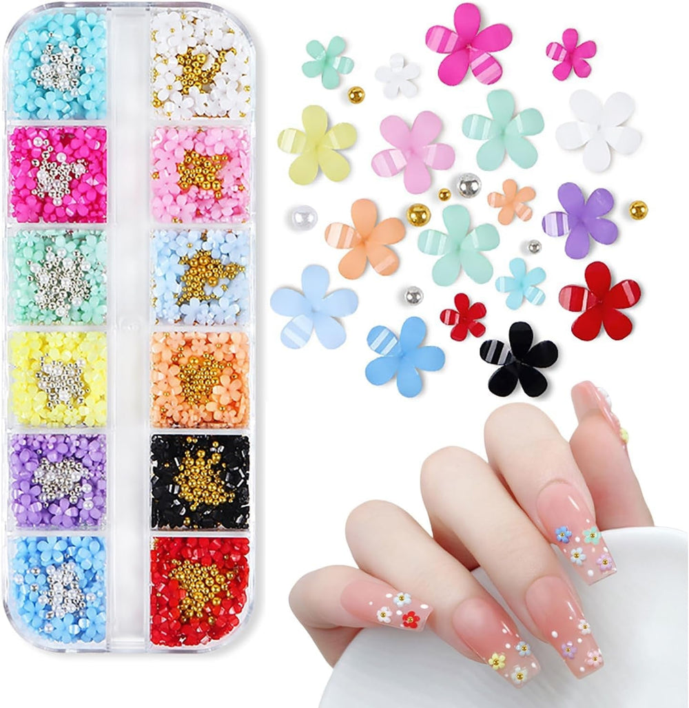 Breloques pour ongles en forme de fleur 3D, 12 grilles en résine acrylique, fleurs et perles dorées et argentées, pierres à ongles en gel, décorations d'ongles en fleurs pour femmes et filles, accessoires de manucure DIY