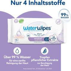 WaterWipes Sensitive+ Lingettes humides apaisantes, 720 unités (paquet de 12), 3 en 1 nettoyantes, soignantes et apaisantes, 99 % d'eau avec extrait de plante, lingettes humides pour bébé sans parfum