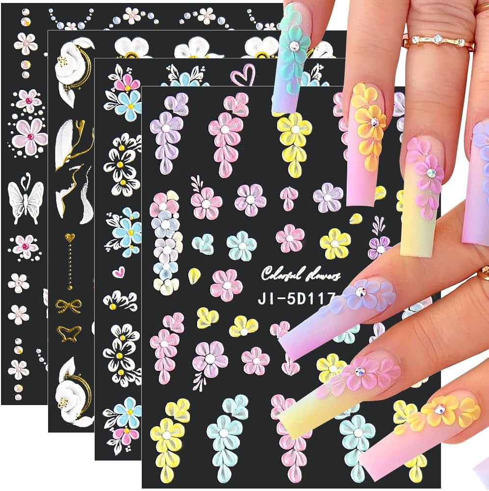 5D Fleurs Autocollantes Pour Ongles Feuilles De Feuilles Autocollantes Acryliques Feuilles Autocollantes Pour Ongles Schmetterling Feuilles De Fleurs Autocollants Pour Ongles Aufkleber Nägel Zubehör Flower Nail Art Stickers