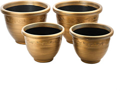 ® Ensemble de jardinières en plastique de style rétro – Ensemble de 4 pièces en deux tailles – Résistant aux intempéries et léger – Bord décoratif – Ensemble de jardinières en bronze