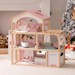 ROBUD Maison de poupée en bois avec meubles, ascenseur, garage, pavillon et piscine, cadeau pour 3, 4, 5, 6 ans et plus, rose