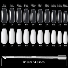 200 pcs Faux Ongles Conseils 10 Tailles Acrylique Ongles Artificiels avec Poussoir à Cuticules et Boîte Transparente pour Femmes et Filles (Naturel et Transparent)