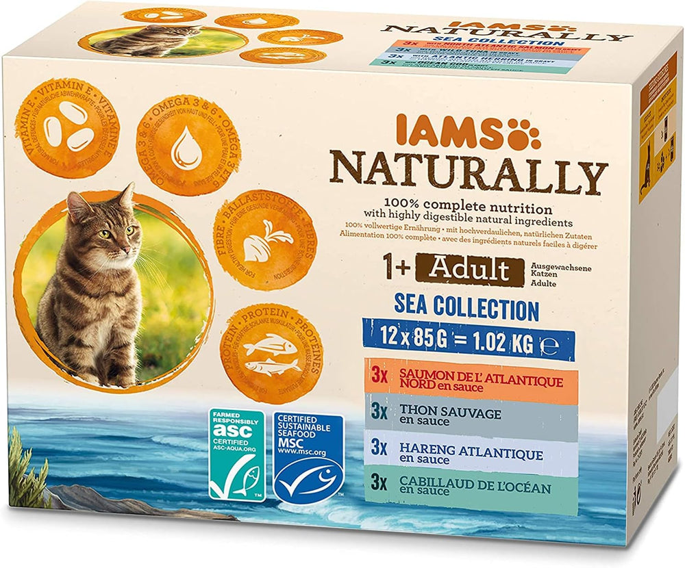IAMS Nourriture humide naturelle pour chat en sauce – Nourriture humide de haute qualité au poisson pour chat adulte, Sea Collection, 12 x 85 g