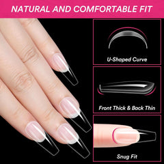 Alyvisun Lot de 500 faux ongles en acrylique à couverture complète avec 240 autocollants pour ongles, 10 tailles de pointes d'ongles en gel transparent, pointes d'ongles en gel souple, pointes d'ongles ballerine