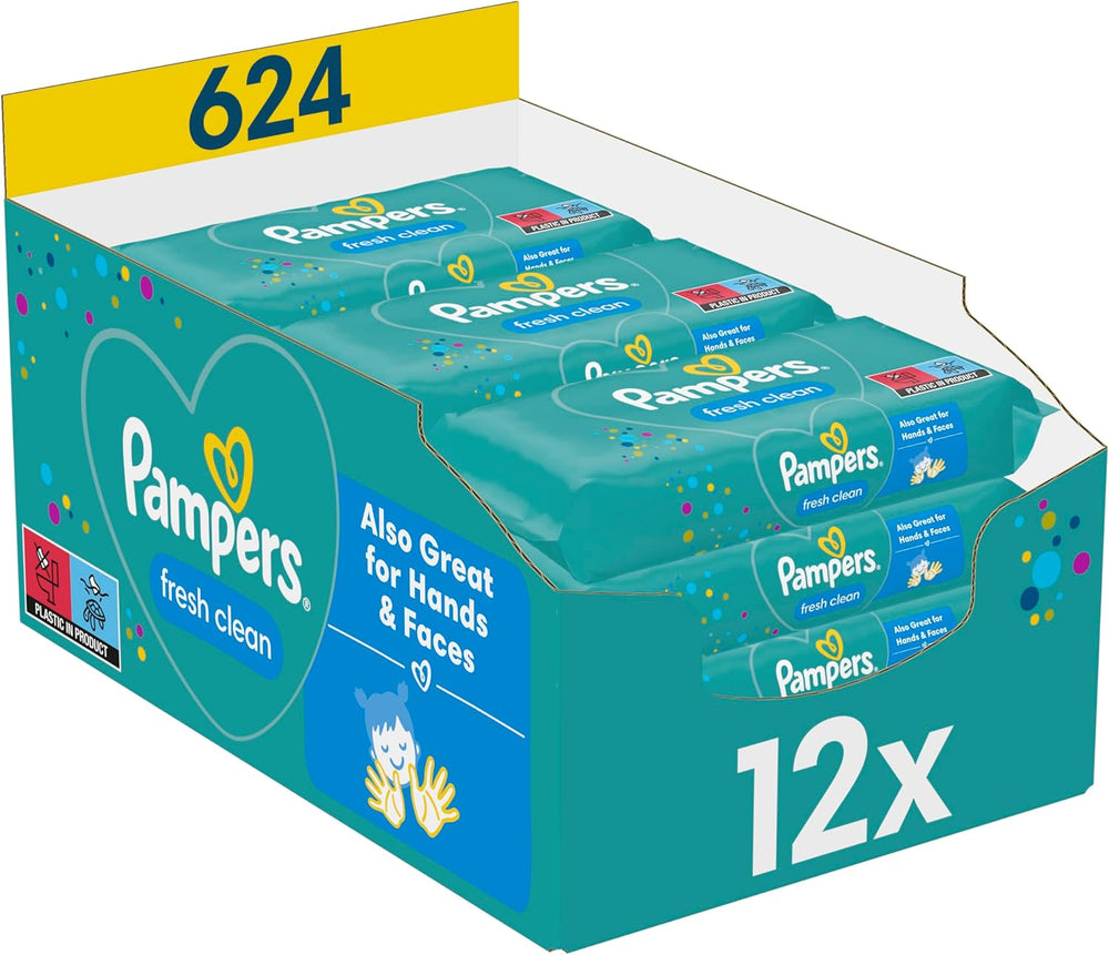 Lingettes humides Pampers Fresh Clean, 12 paquets de 52 lingettes, 624 lingettes au total, parfum léger, convient également aux mains et au visage