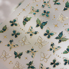 JMEOWIO 3D Nagelsticker Vert Or Schmetterling Nail Art Autocollant Selbstklebend Nagelaufkleber 5D Stéréoscopique Décoration Nageldesign Zubehör 1 Blatt