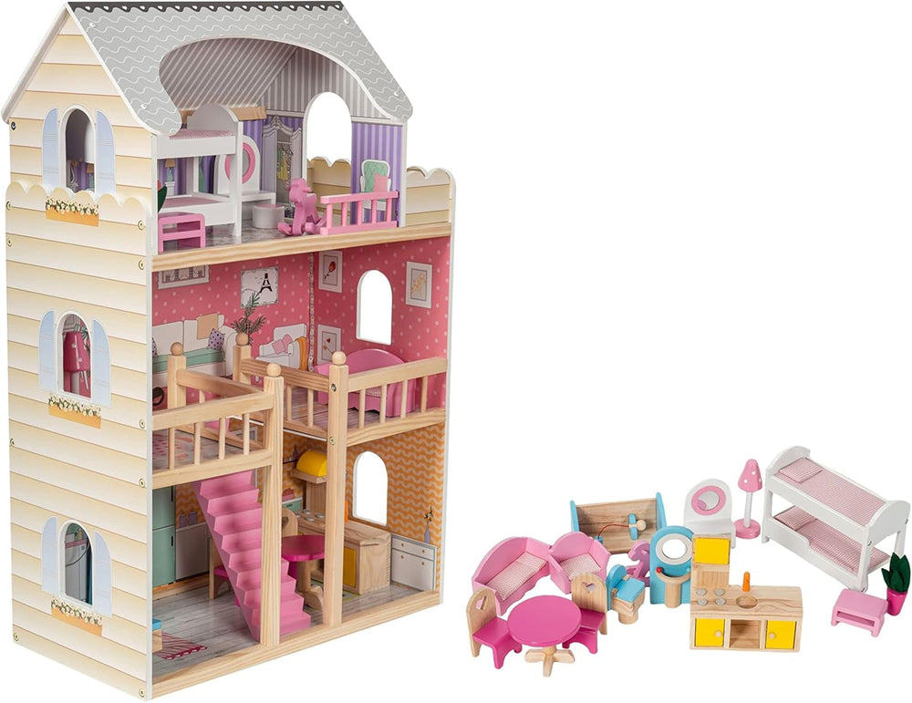 A405 Maison de poupée éclairée par LED - 3 étages et ensemble de meubles - Maison de jeu en bois comprenant des accessoires : cuisine, salle de bain, chambre à coucher - Cadeau pour les filles de 3 ans et plus Maisons de poupées Naty Shop Titre par défaut
