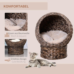 PawHut Rotin Katzenkorb Katzenhöhle Katzenhütte Katzenbett mit Kissen Haustierbett Wasserhyazinthe Kaffee 50 x 42 x 60 cm