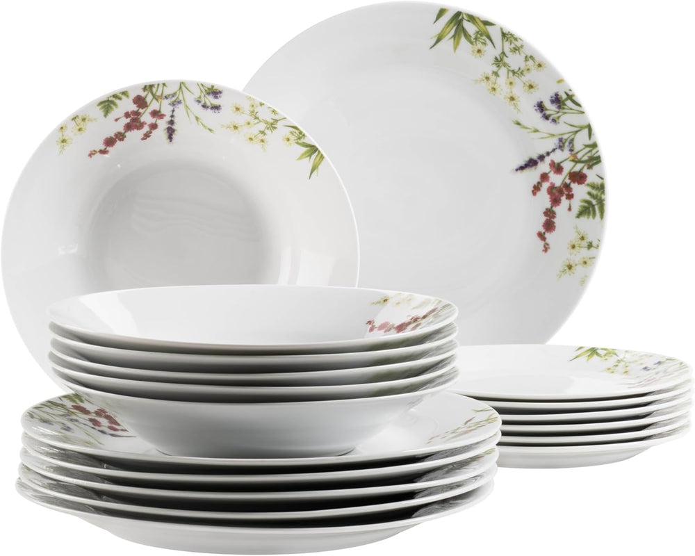 Mäser Herbal Garden, set de veselă pentru 4 persoane, format din 18 piese, cu design floral detaliat, inclusiv farfurii de cină, farfurii de supă și farfurii de desert, porțelan, alb