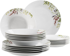 Mäser Herbal Garden Service de table 18 pièces pour 4 personnes avec assiettes plates, assiettes creuses et assiettes à dessert, porcelaine, blanc