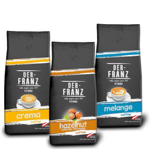Paquet de café Der-Franz TOP 3 - Crème, Mélange, Noisettes, Grains entiers, 3 x 1000g