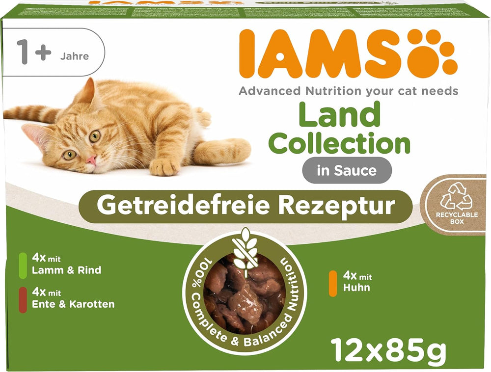 IAMS Delights Land Collection Nourriture humide pour chats sans céréales – Pack varié de viande Multi Pack Nourriture humide sans céréales pour chats de 1 an et plus 12 x 85 g