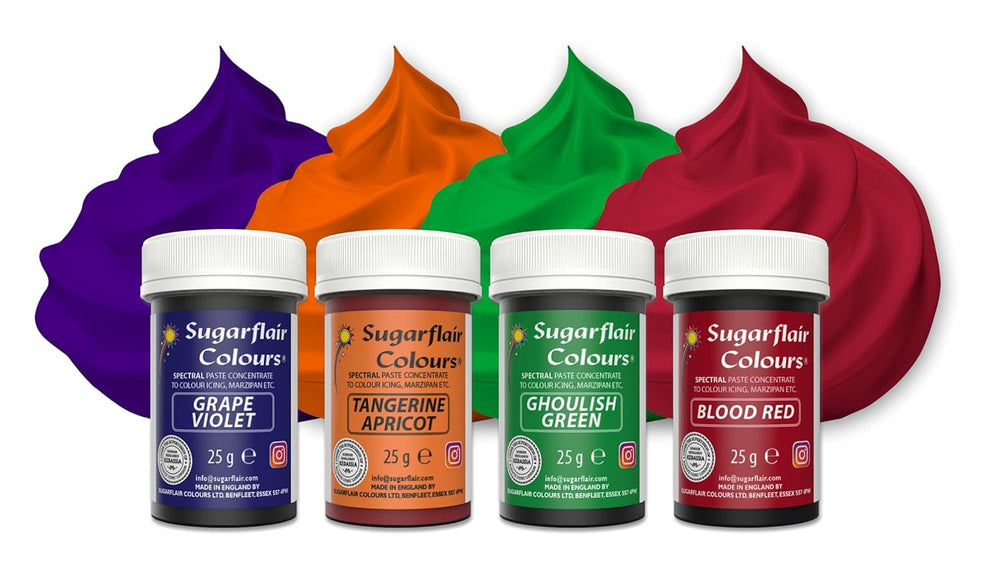 Sugarflair Pasta Food Coloring Set/4 Colorant alimentaire pour pâtes, fondant, massepain, pâte à sucre, crème au beurre et plus encore : vert macabre, violet raisin, rouge sang