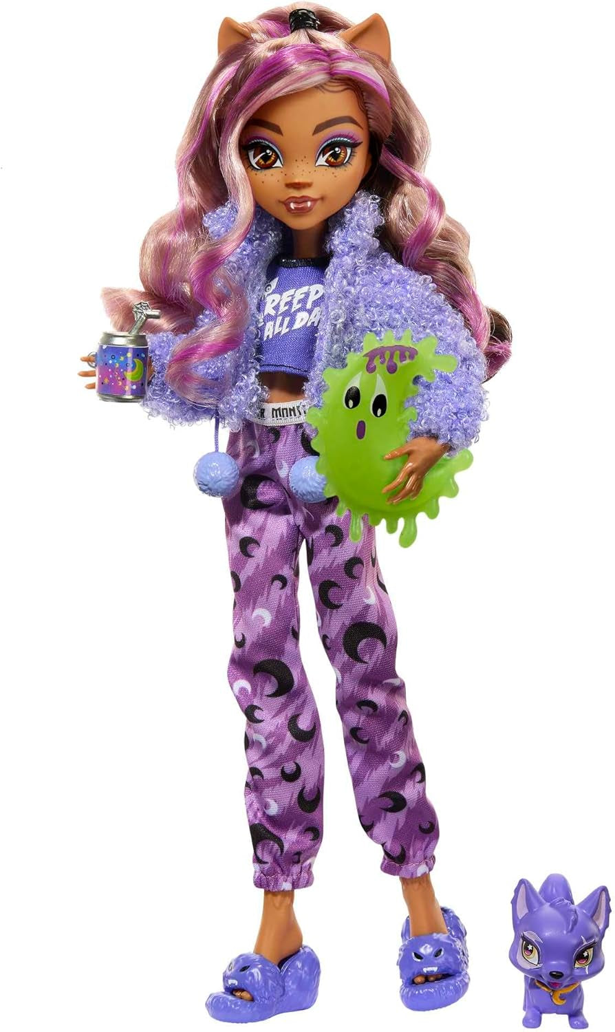 MONSTER HIGH Poupée et accessoires de soirée pyjama, poupée loup Clawdeen avec chat de compagnie, croissant, Creepover Party, HKY67