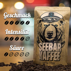 SEEBÄR COFFEE - Grains de café extra forts - 500g - Faible acidité et arôme intense - Grains entiers pour machines à café entièrement automatiques, expresso et presse française - Teneur élevée en caféine et faible acidité