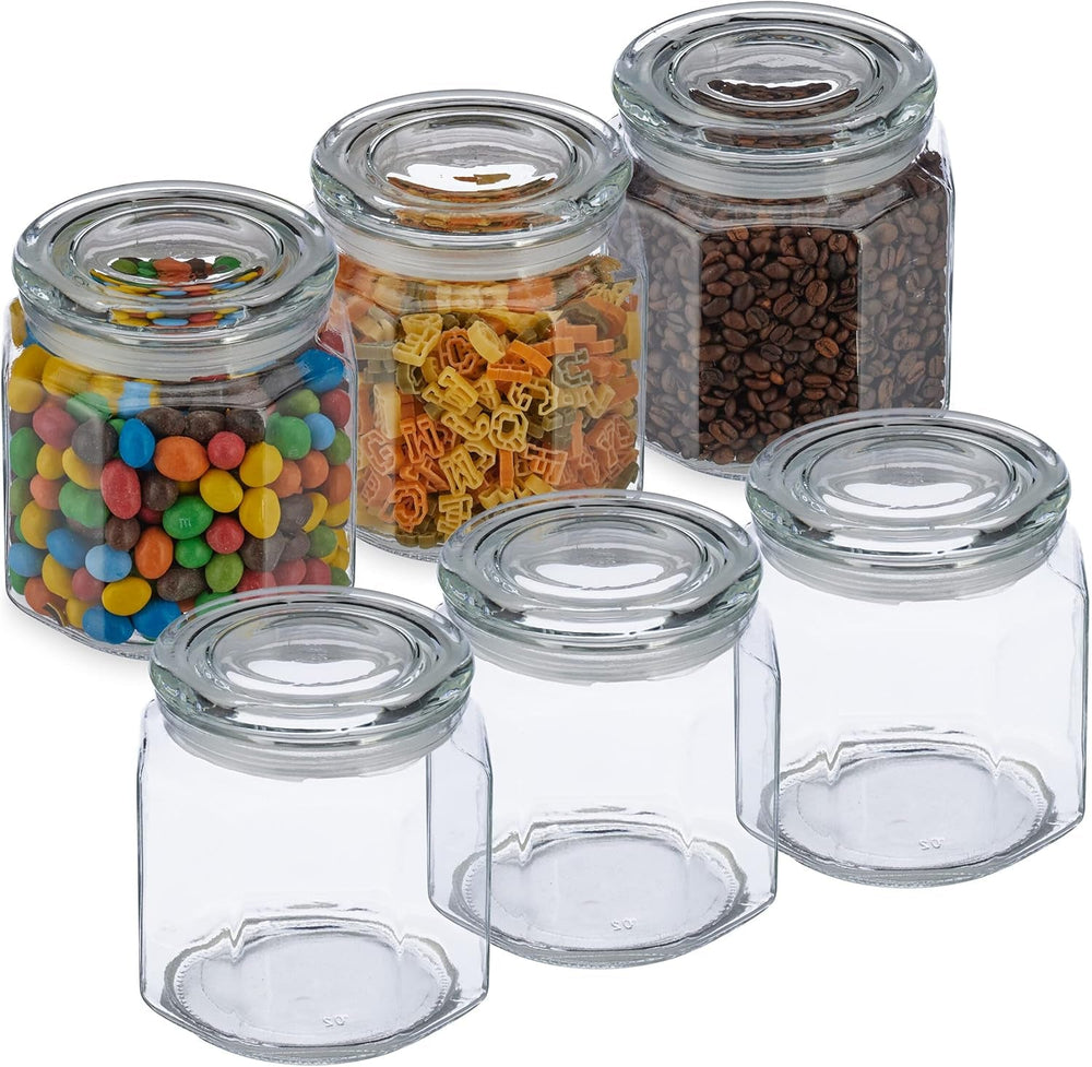 Borcane de depozitare Relaxdays cu capac, set de 6, sticlă, 1,3 l, borcane de depozitare octogonale, recipiente etanșe din sticlă, transparente Cutii depozitare alimente Naty Shop Titlu implicit