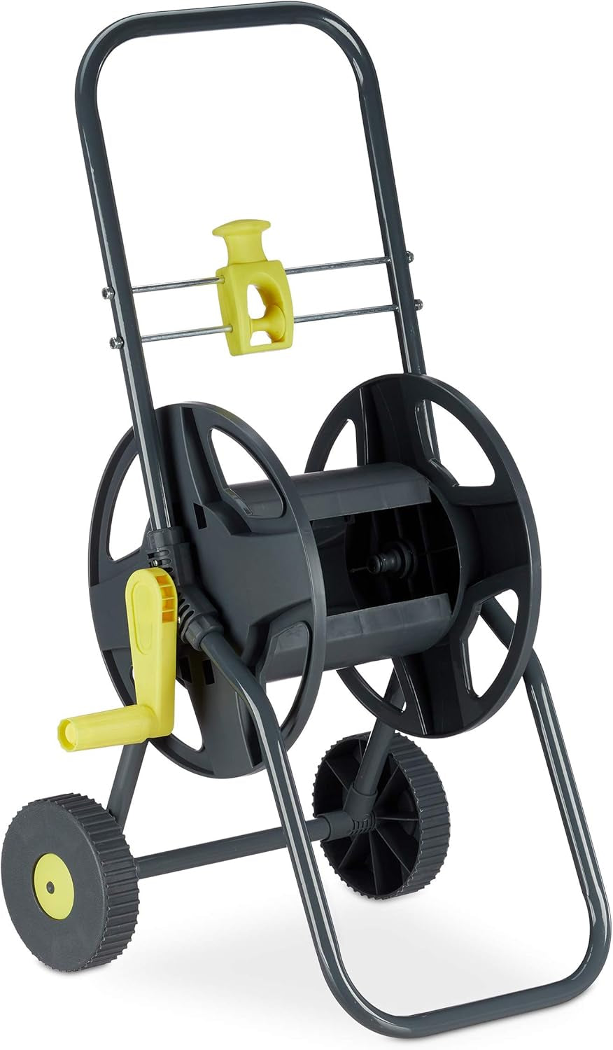 Dévidoir mobile Relaxdays 45 m pour tuyau d'arrosage et de balcon, avec guide-tuyau, 76,5x44x41 cm, gris-jaune
