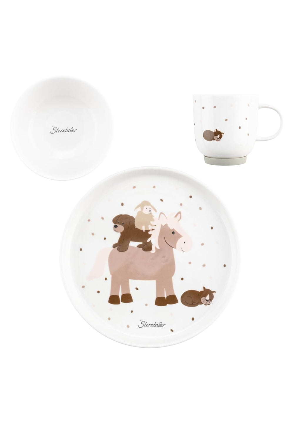 Sterntaler Service de table en porcelaine au design rustique – Service de table avec base en silicone antidérapante et amovible – Vaisselle pour bébé et enfant avec assiette, bol de 400 ml et tasse de 200 ml, blanc