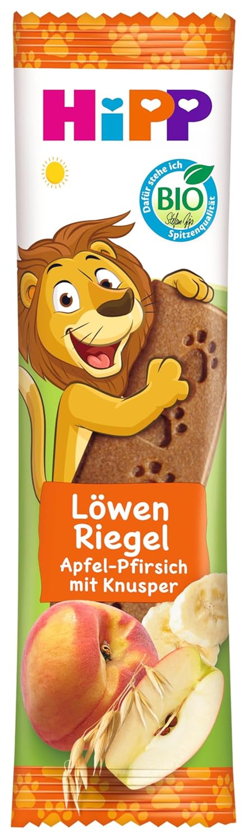 Barres de muesli HiPP Lion à l'avoine croquante et aux pommes et pêches (24 x 20g), à partir de 1 an, sucrées uniquement avec des fruits, de la meilleure qualité biologique