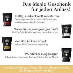 Ensemble d'échantillons de grains d'espresso 4 x 350 g de grains d'espresso | Pack découverte/Pack d'échantillons | Robusta et Arabica | Idéal pour les appareils entièrement automatiques et les porte-filtres | BARISTA ROYAL