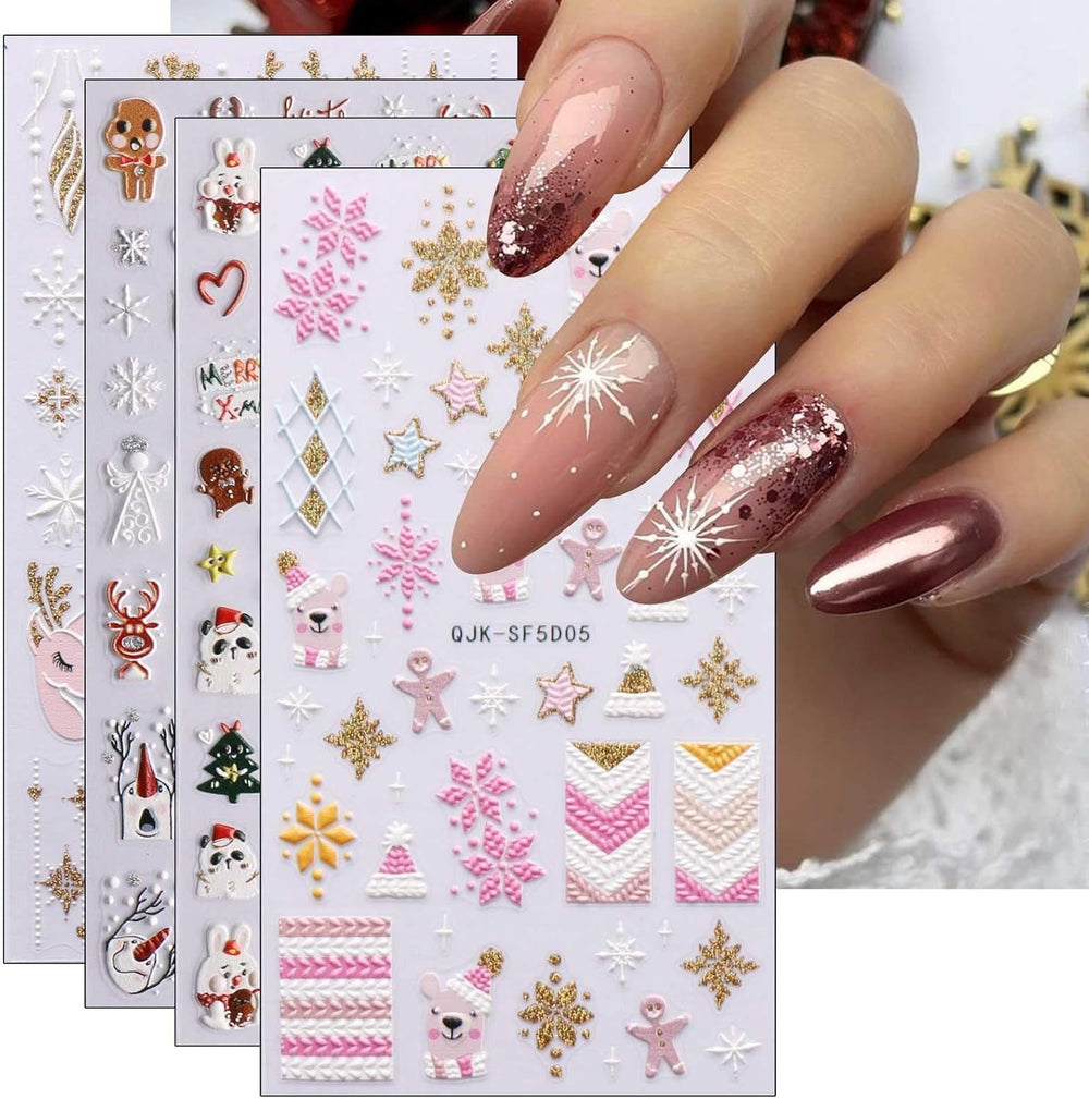 Autocollants pour ongles 3D de noël, 4 feuilles d'autocollants pour ongles 5D, stéréoscopiques, décorations, accessoires de conception d'ongles