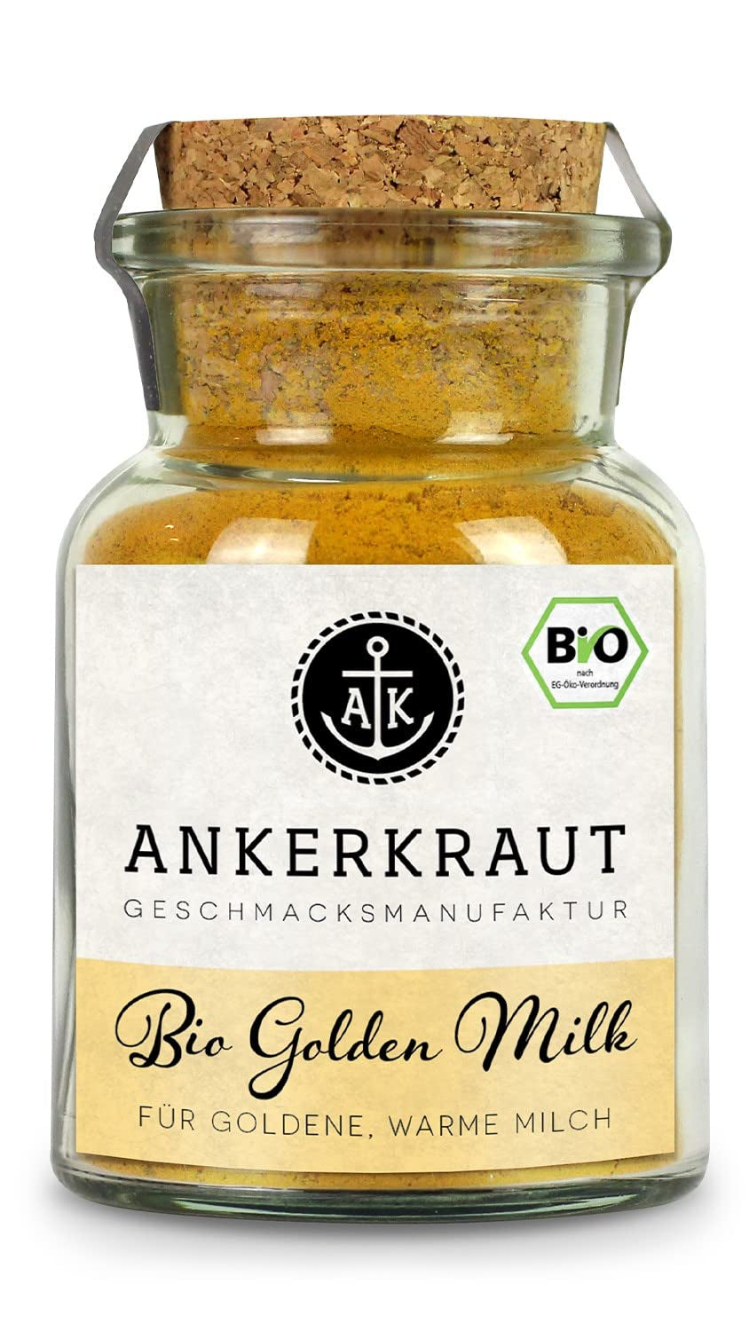 Ankerkraut Bio Golden Milk, Gewürz für goldene Milch, avec Curcuma, Zimt et Ingwer, 75 g dans un verre en liège
