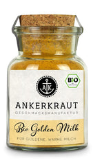 Ankerkraut Bio Golden Milk, Gewürz für goldene Milch, avec Curcuma, Zimt et Ingwer, 75 g dans un verre en liège